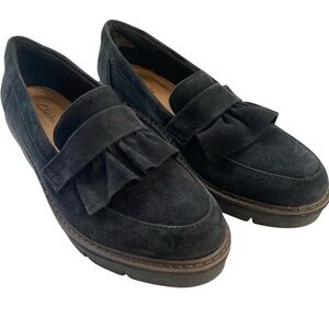 Clarks Women's Airabell Black Suede Platform Slip Loafers SZ 8